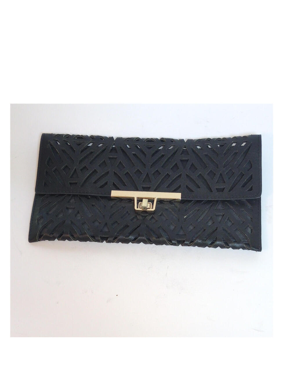 Black Leather Cut Out Clutch Bag with Gold Turn Lock & Inner Removable Pocket
